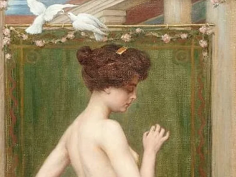 1855-Albert Höflinger - Una figura femminile nuda in piedi con una coppia di colombe